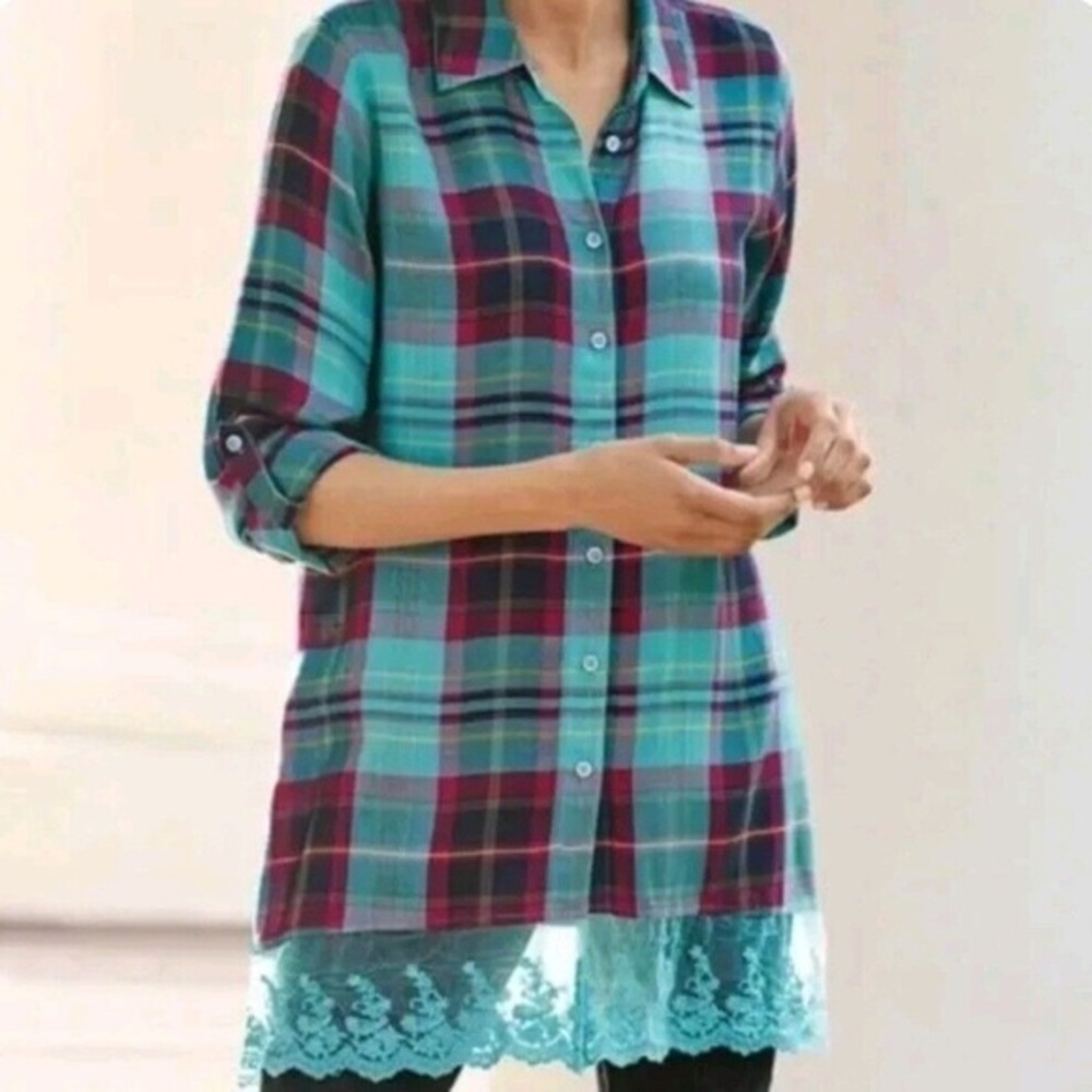 Soft Surroundings Adeline blue plaid button up shirt lace trim size XL petite